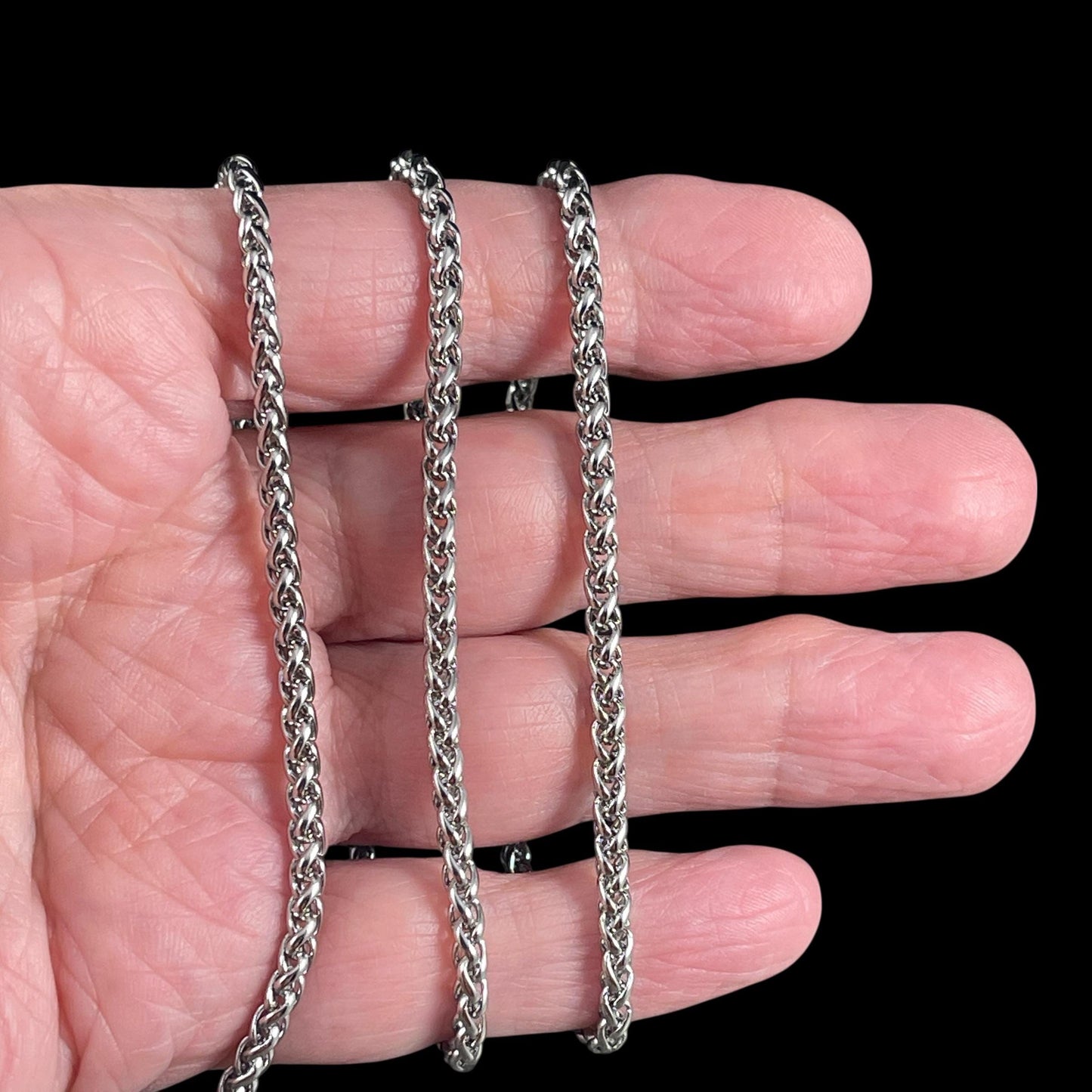 Chain by the Foot - 3mm Spiga Wheat Chain - Stainless Steel, Platinum Color (SS02S) * 1 Yard/36" length