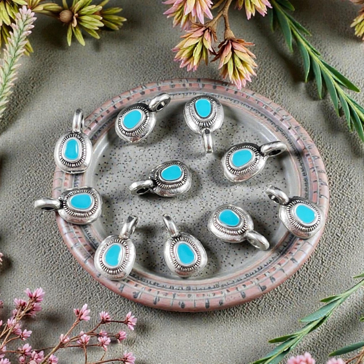 Small Round Charm, Antiqued Silver with Turquoise Blue Enamel (PF/13884-72-0299) * Qty. 12