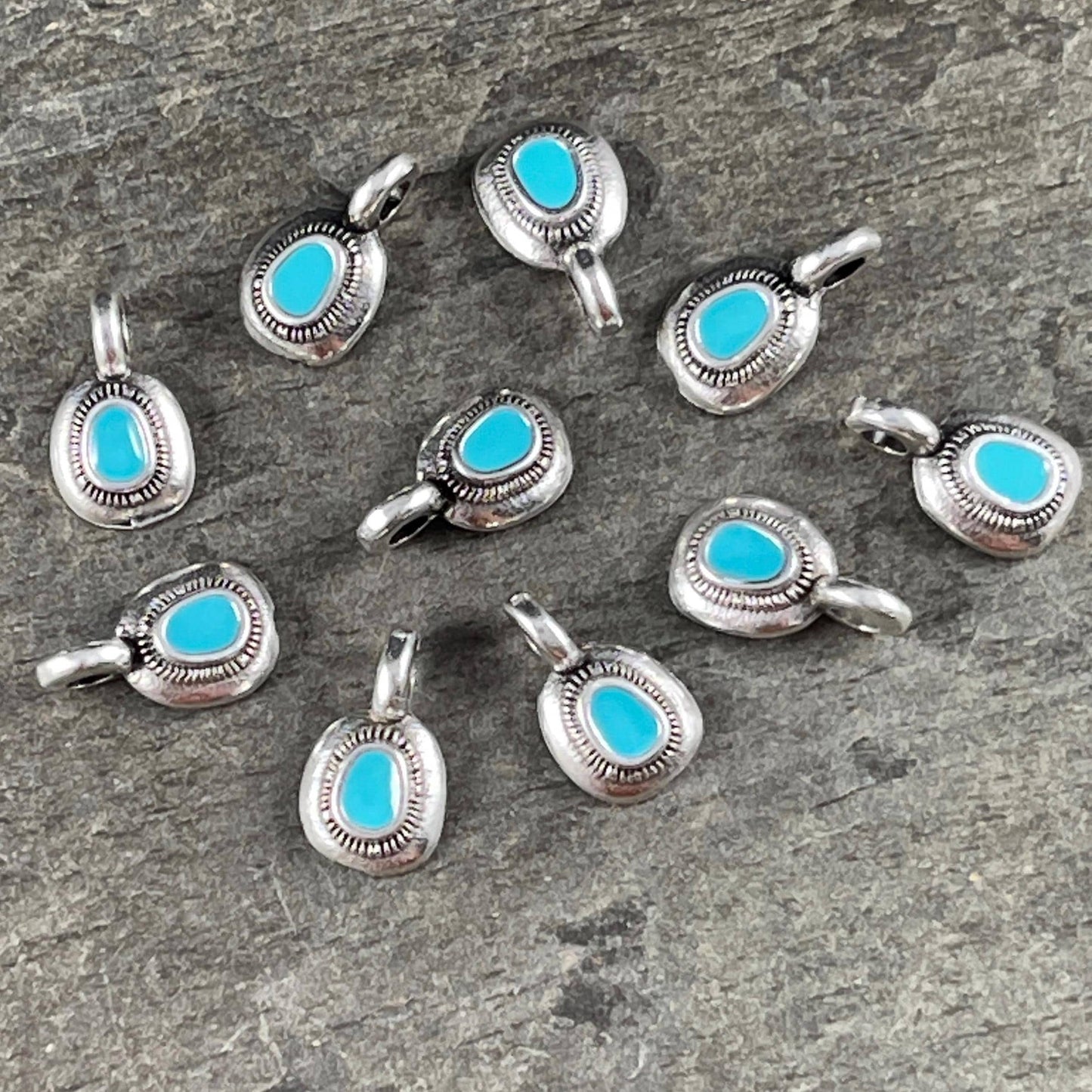 Small Round Charm, Antiqued Silver with Turquoise Blue Enamel (PF/13884-72-0299) * Qty. 12