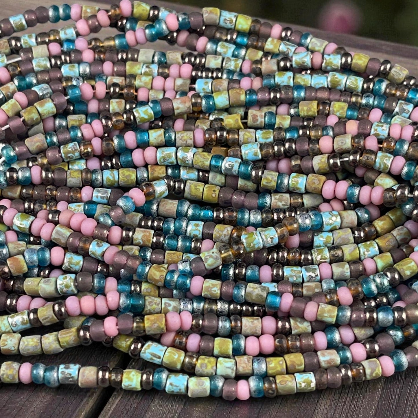Aged Picasso Seed Beads - 6/0 Mix with Tubes, 4mm Turquoise, Pink and Purple (6/0-Frivoli-Matte) * 19" strand