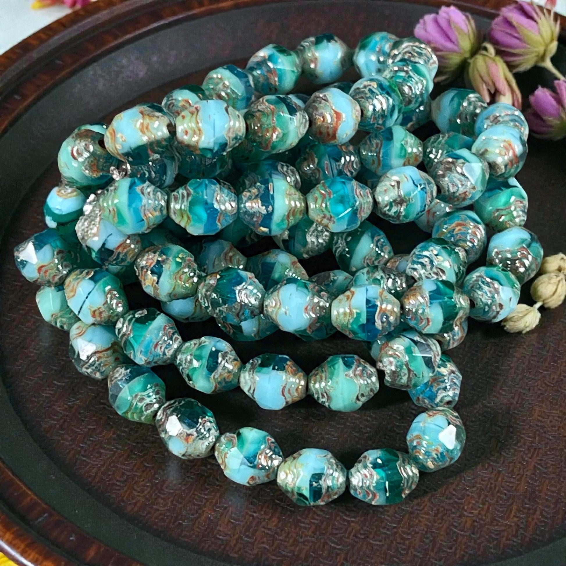 Czech Glass - 8x6mm Faceted Oval Bicone, Blue Picasso Beads (CTD/N-045) * 15 Beads