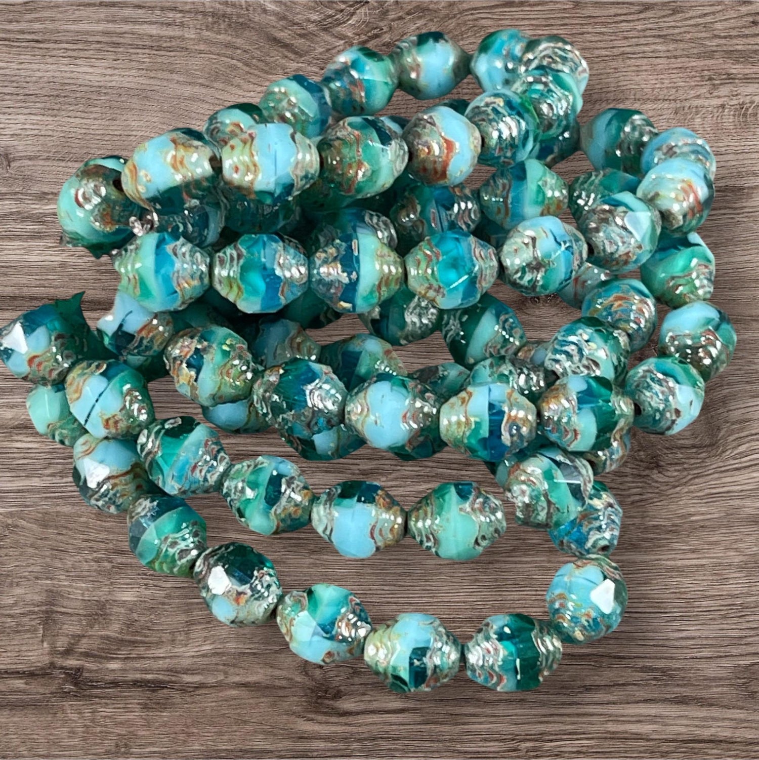 Czech Glass - 8x6mm Faceted Oval Bicone, Blue Picasso Beads (CTD/N-045) * 15 Beads