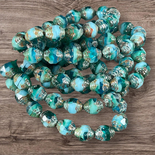 Czech Glass - 8x6mm Faceted Oval Bicone, Blue Picasso Beads (CTD/N-045) * 15 Beads