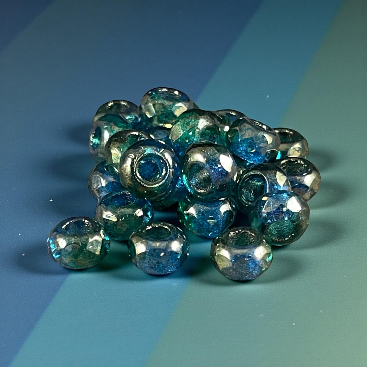 Czech Beads - 9x6mm Large Hole Rondelle, Blue Green Luster (ROL/N-0963) * 25 Beads