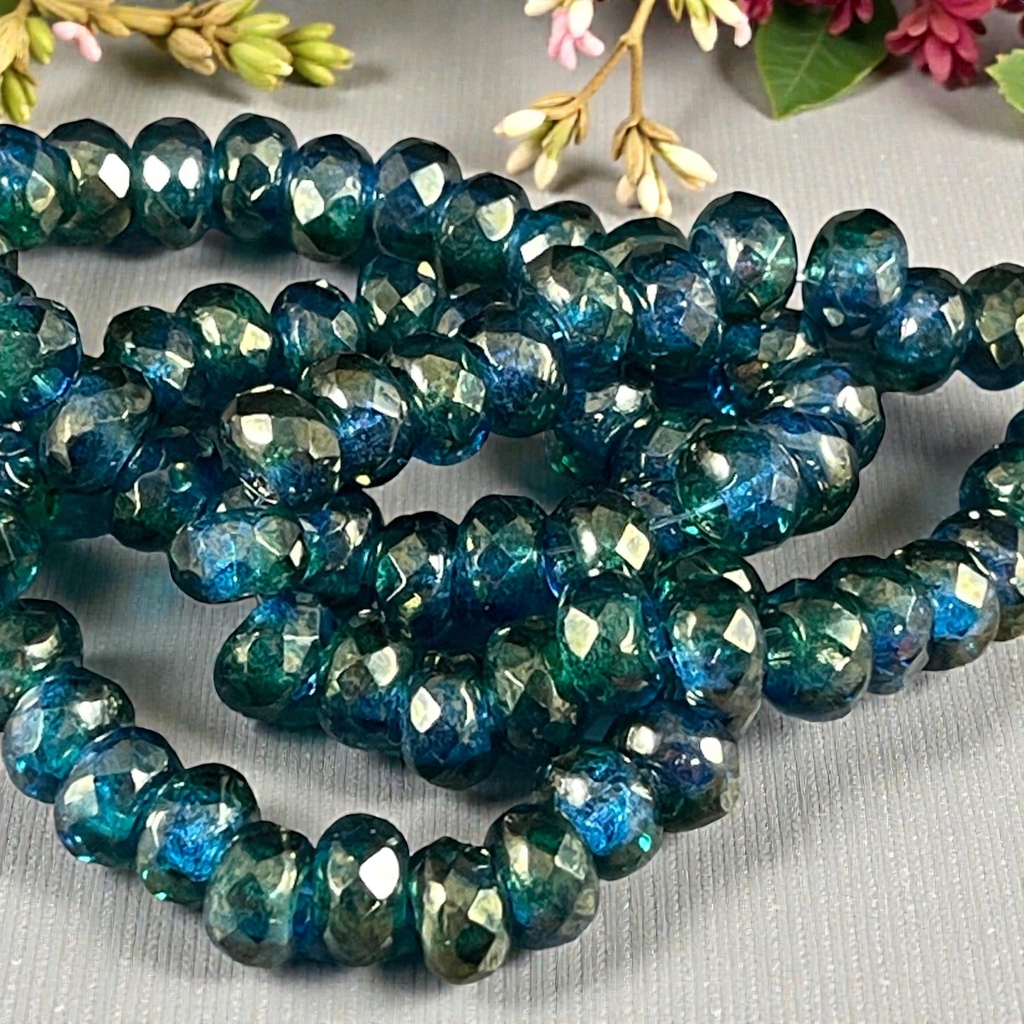 Czech Beads - 9x6mm Large Hole Rondelle, Blue Green Luster (ROL/N-0963) * 25 Beads