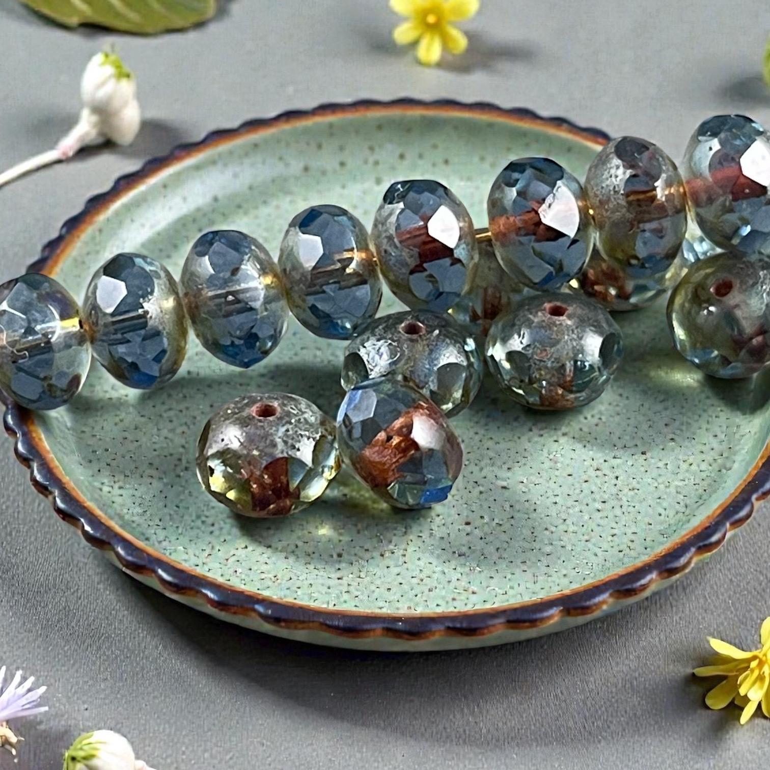 Czech Beads - 8x6mm Faceted Rondelle, Carolina Blue Picasso (R8/OB-108) * 17 Beads