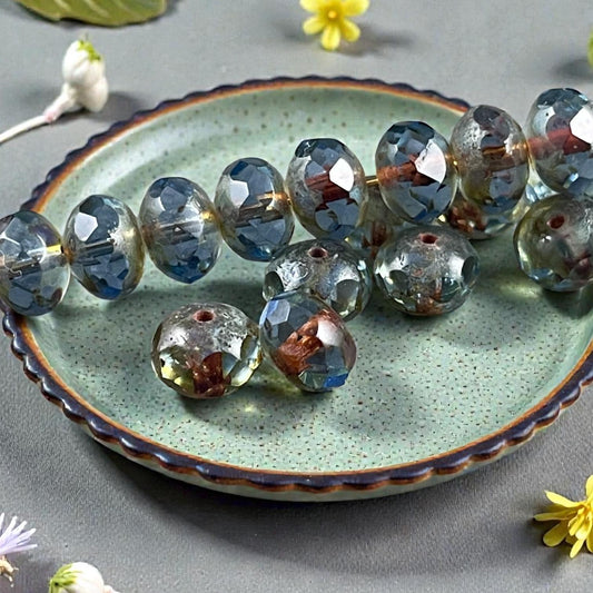 Czech Beads - 8x6mm Faceted Rondelle, Carolina Blue Picasso (R8/OB-108) * 17 Beads