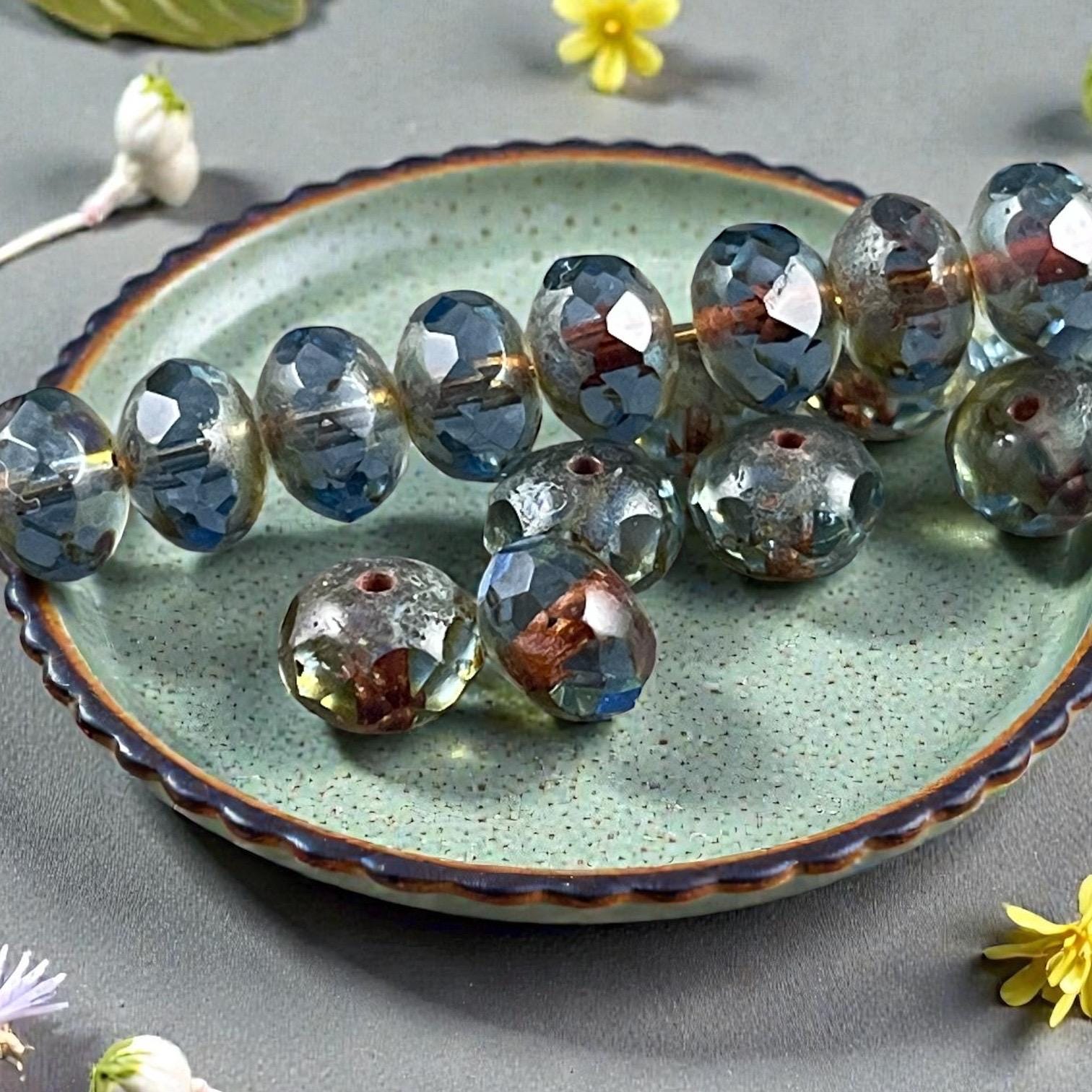Czech Beads - 8x6mm Faceted Rondelle, Carolina Blue Picasso (R8/OB-108) * 17 Beads