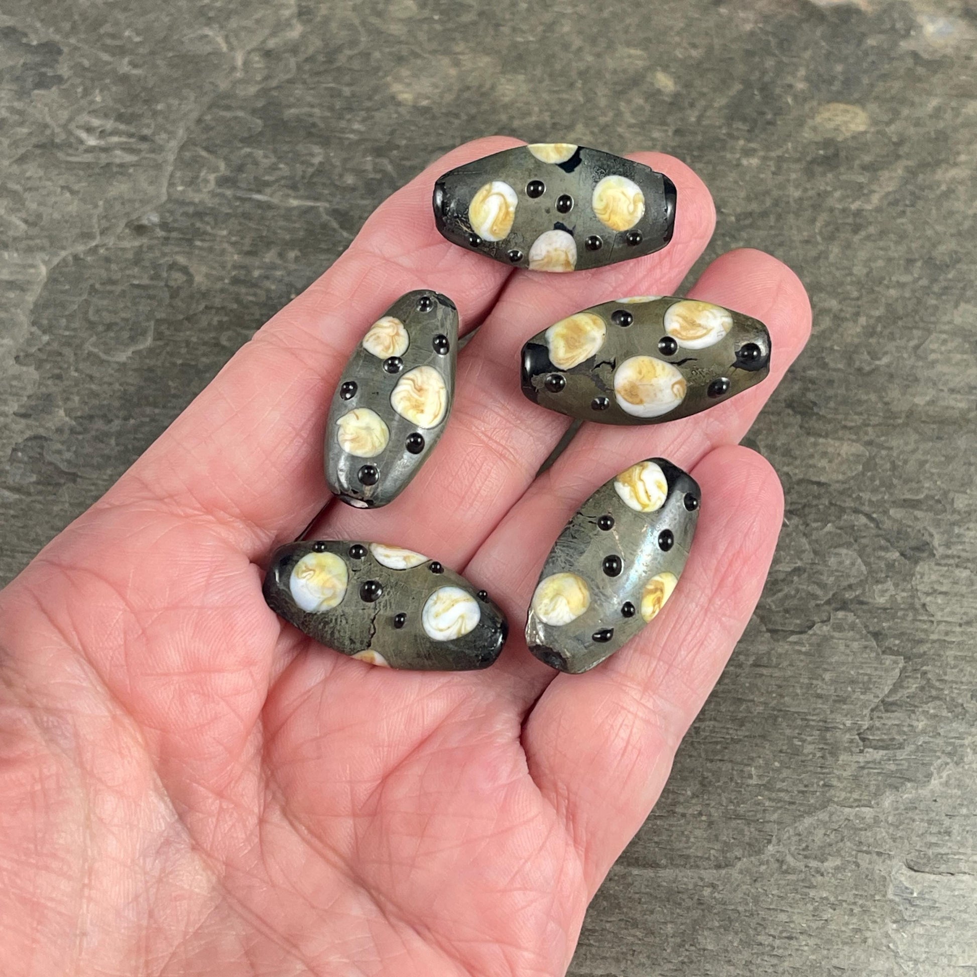 Abstract Oval, Gray-Green, Beige and Black 30mmx17mm Lampwork Beads (LB799) * 3 Beads