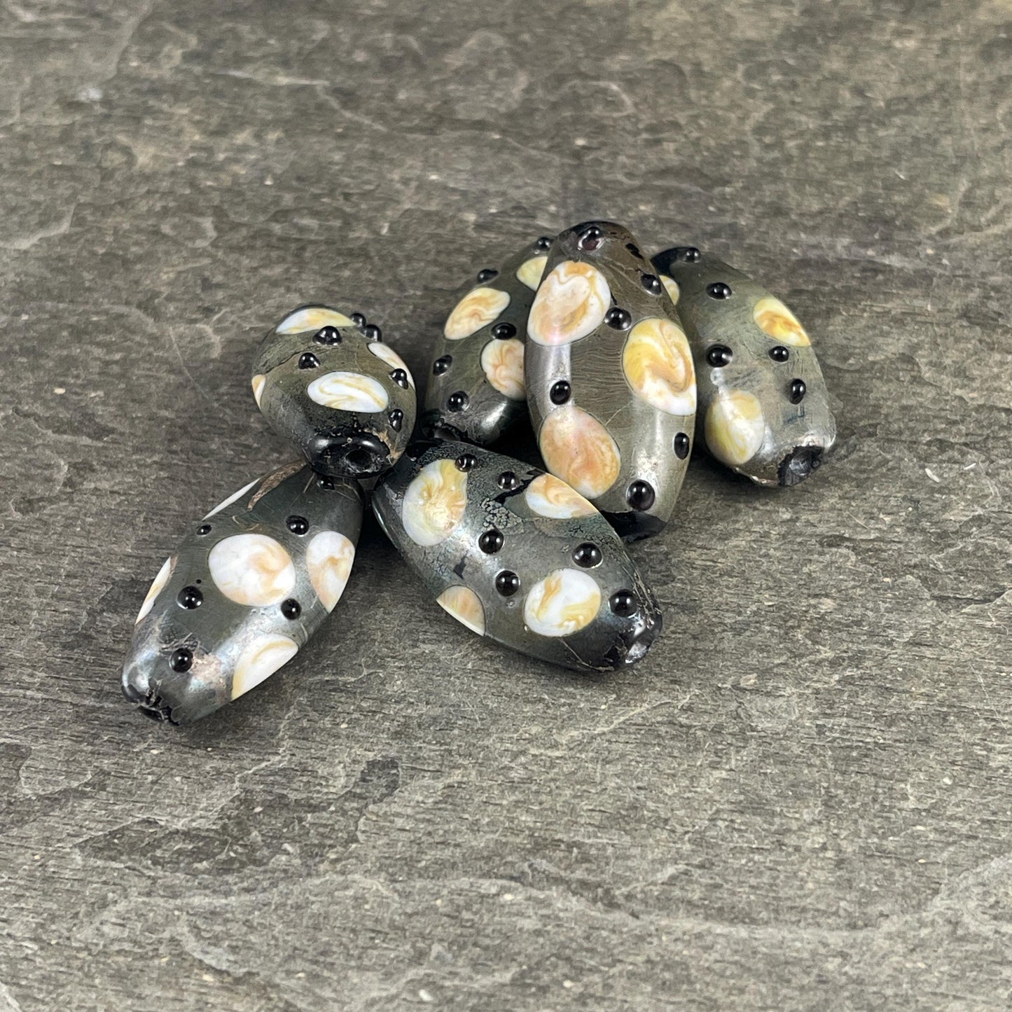 Abstract Oval, Gray-Green, Beige and Black 30mmx17mm Lampwork Beads (LB799) * 3 Beads