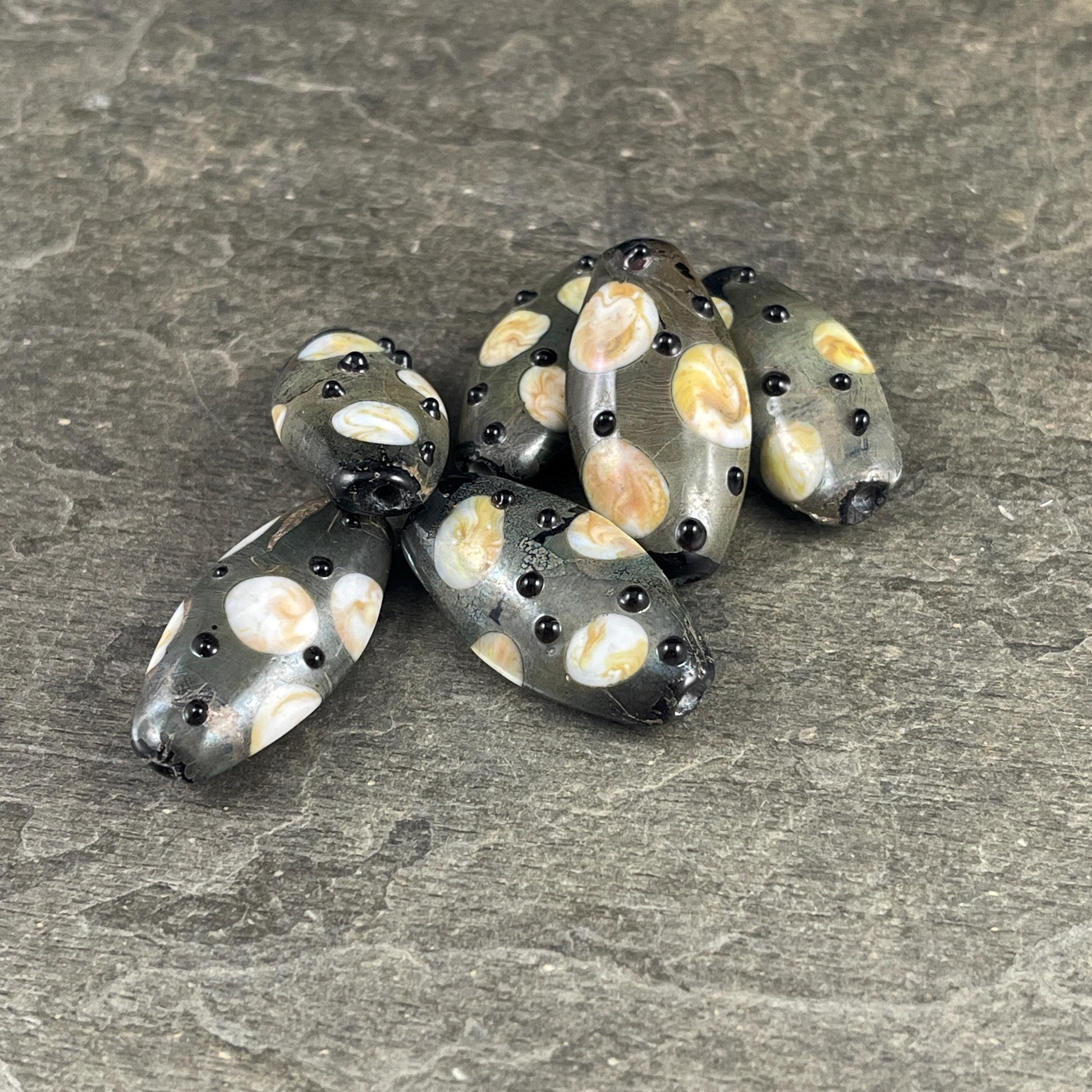 Abstract Oval, Gray-Green, Beige and Black 30mmx17mm Lampwork Beads (LB799) * 3 Beads