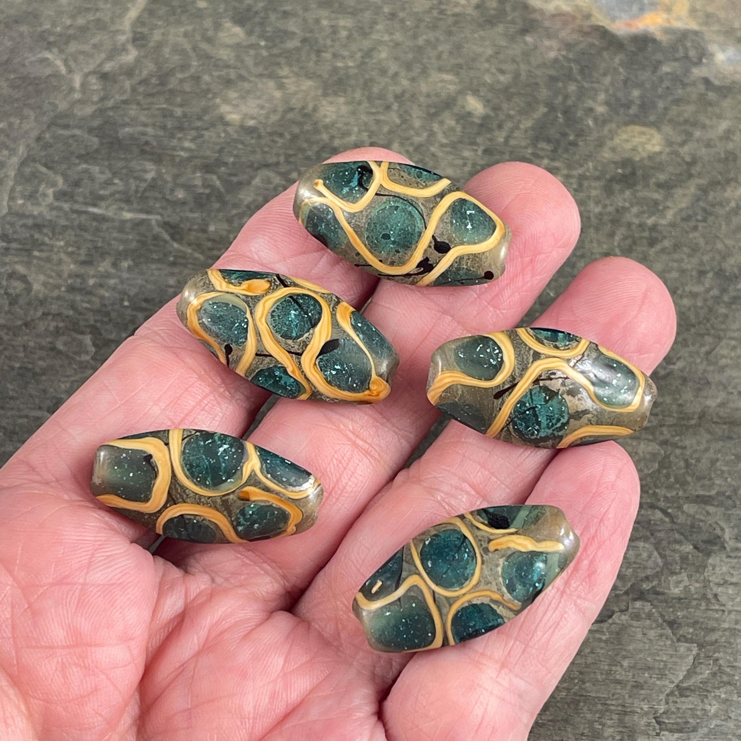 Abstract Oval Lampwork Beads, 30mmx17mm, Aqua, Khaki and Mustard (LB727) * 3 Beads