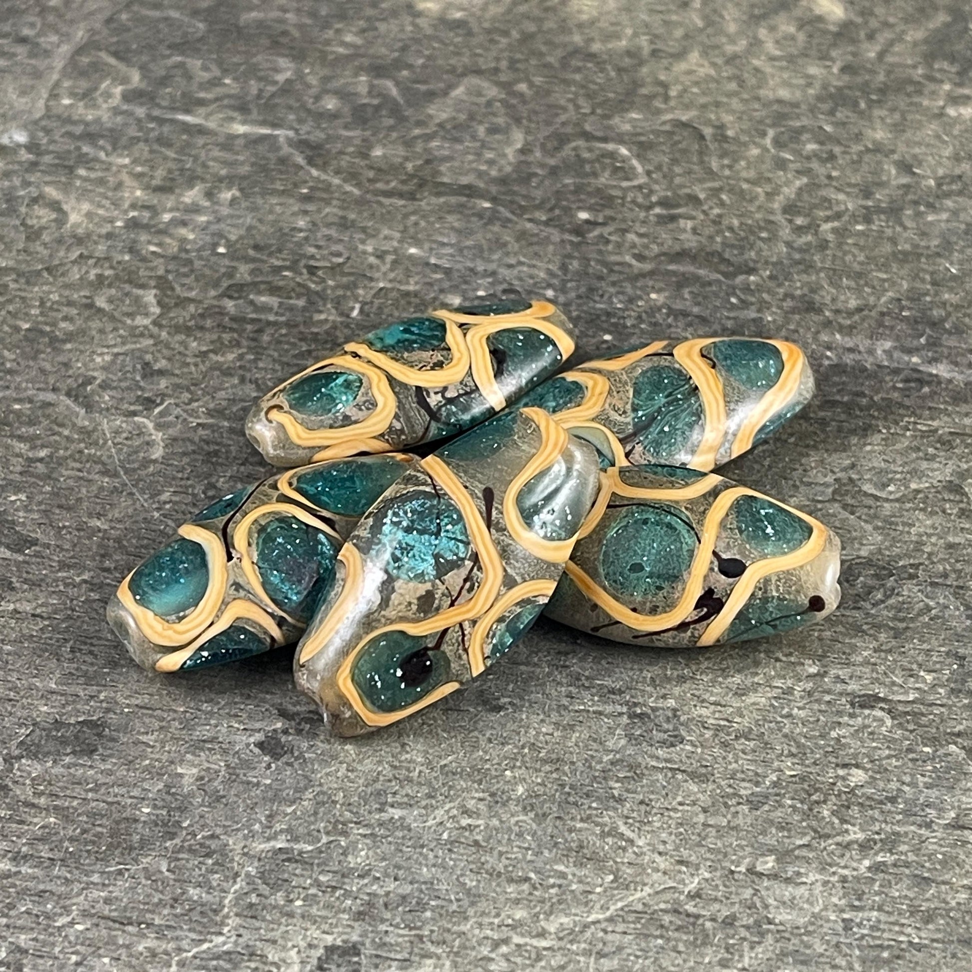 Abstract Oval Lampwork Beads, 30mmx17mm, Aqua, Khaki and Mustard (LB727) * 3 Beads