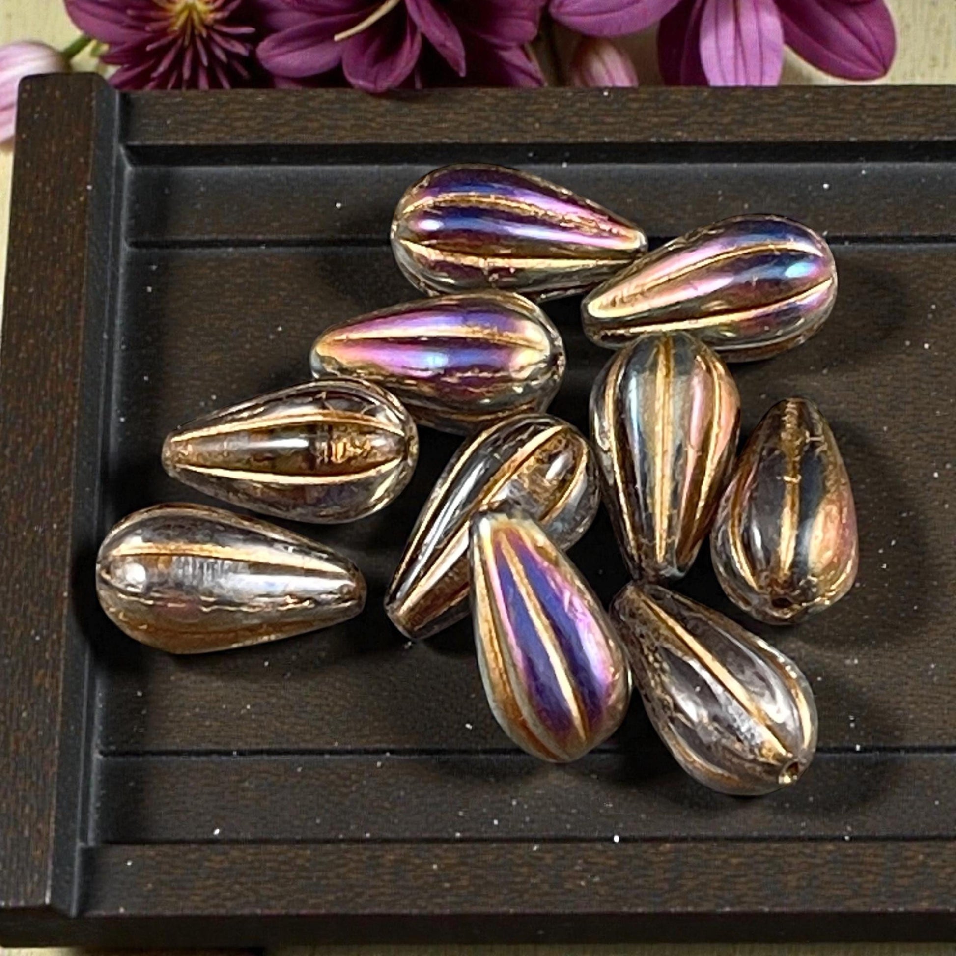 Czech Beads ~ 13x8mm Teardrop, Smoky Topaz with Iridescent Luster (DROP/RJ-5360) * 10 Beads