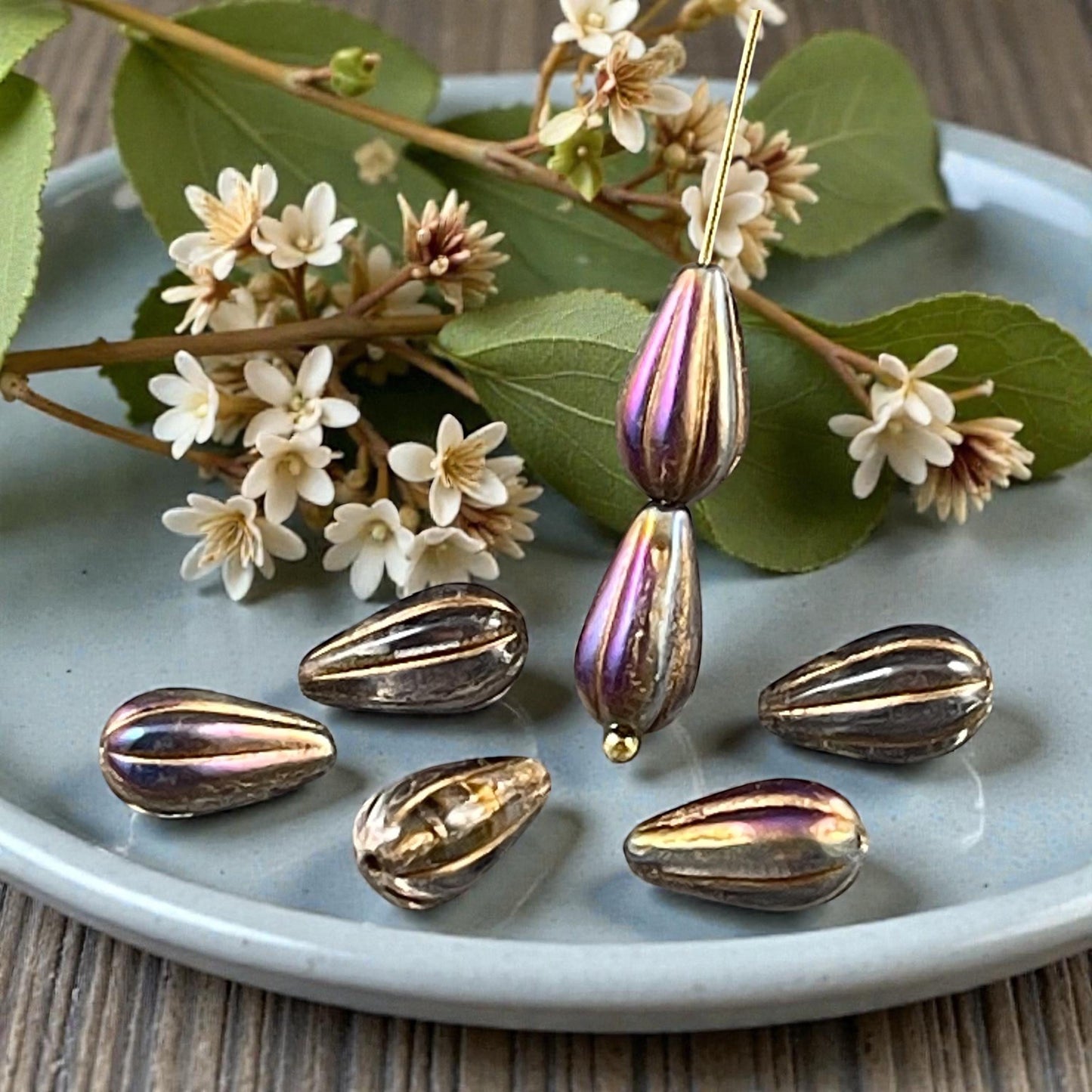 Czech Beads ~ 13x8mm Teardrop, Smoky Topaz with Iridescent Luster (DROP/RJ-5360) * 10 Beads