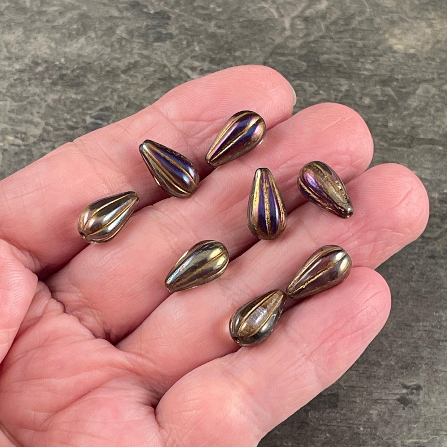 Czech Beads ~ 13x8mm Teardrop, Smoky Topaz with Iridescent Luster (DROP/RJ-5360) * 10 Beads