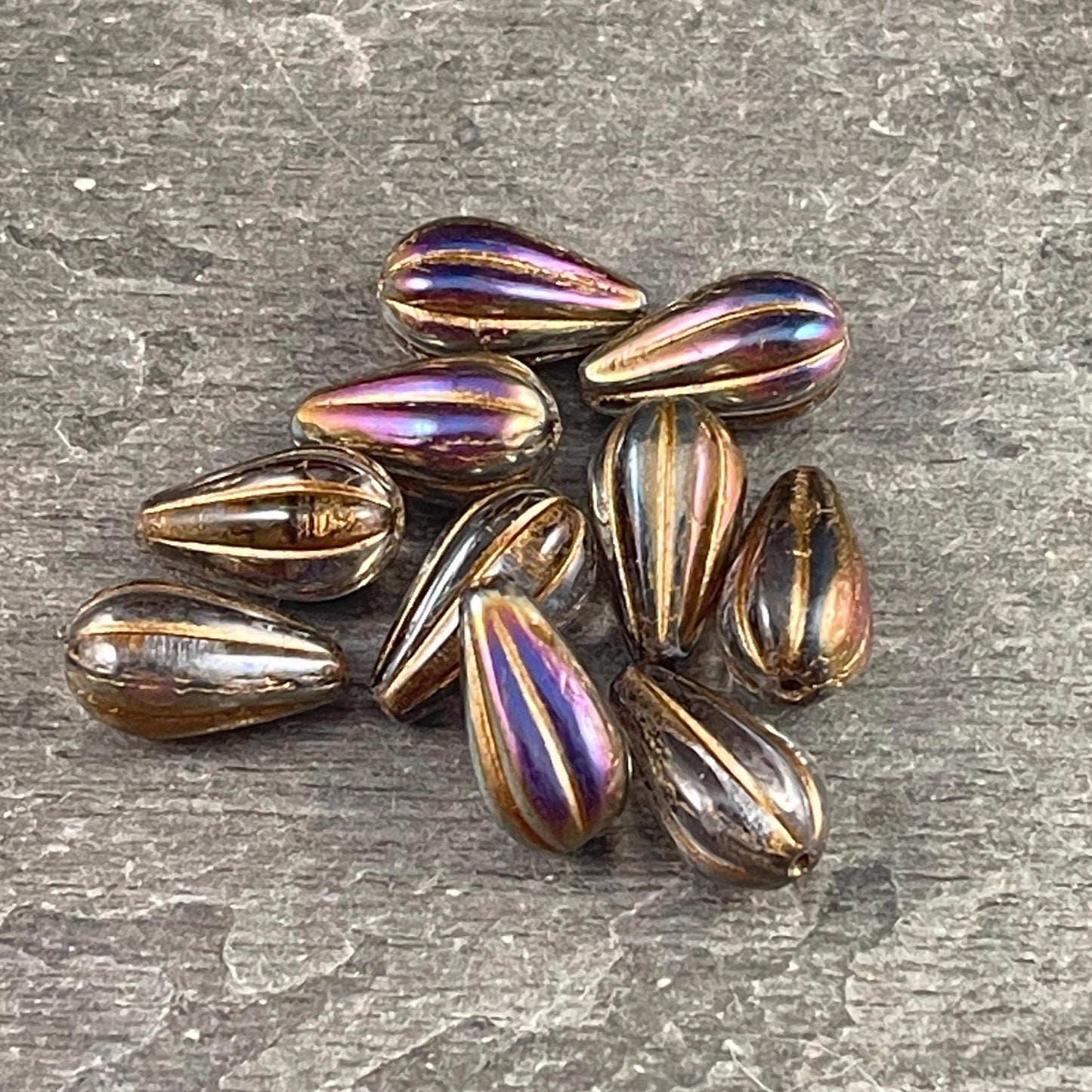 Czech Beads ~ 13x8mm Teardrop, Smoky Topaz with Iridescent Luster (DROP/RJ-5360) * 10 Beads