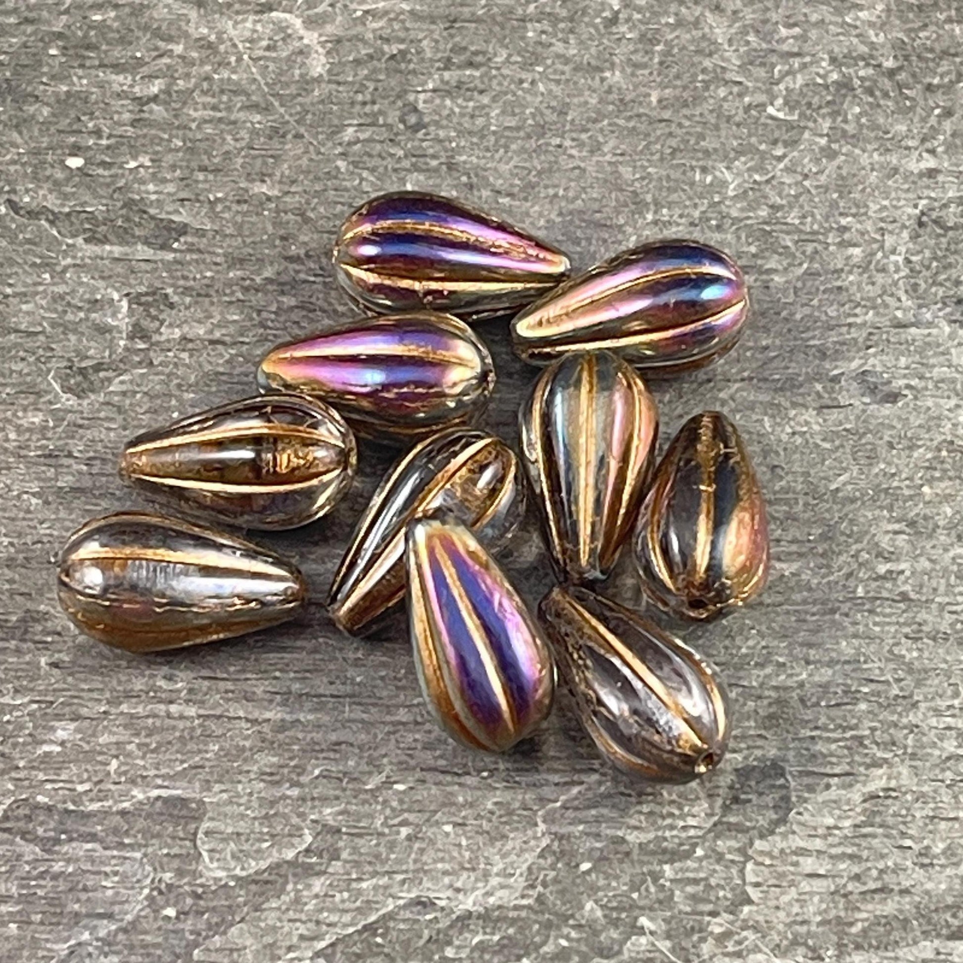 Czech Beads ~ 13x8mm Teardrop, Smoky Topaz with Iridescent Luster (DROP/RJ-5360) * 10 Beads