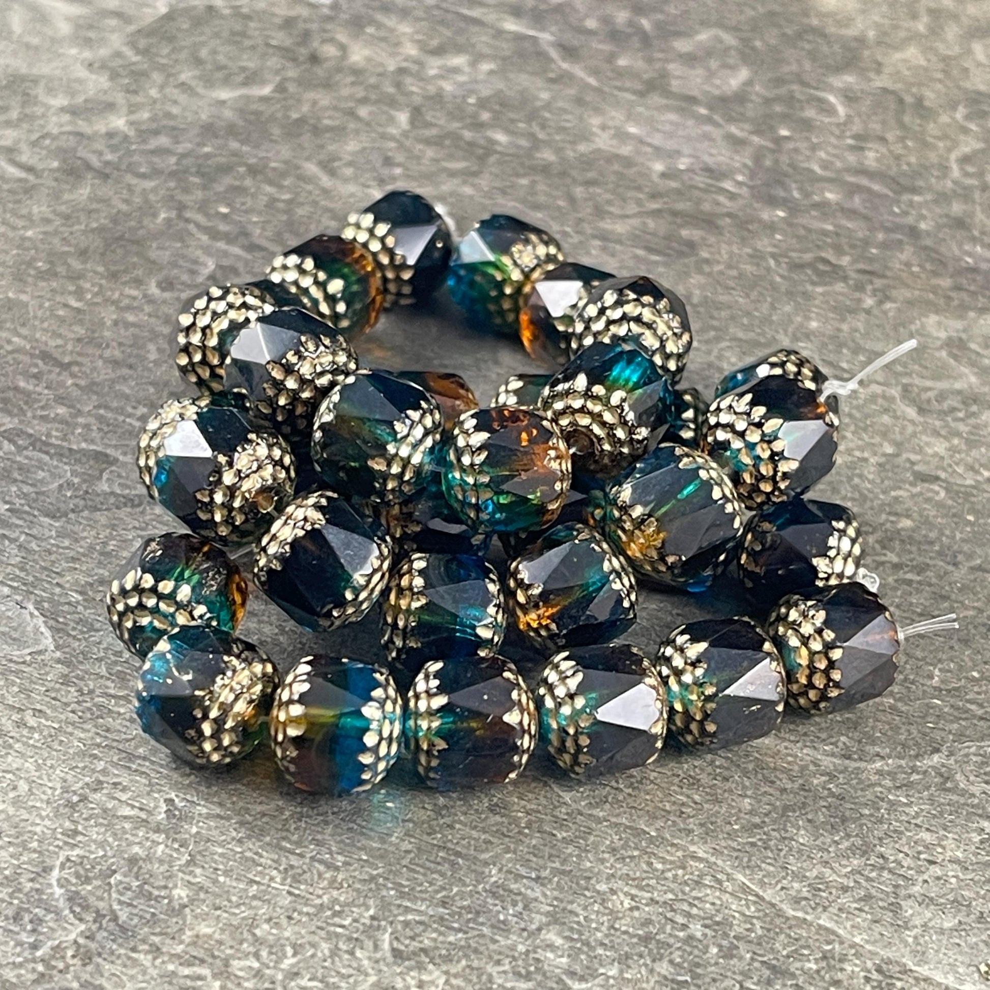 Czech Beads - 10mm Cathedral Faceted Glass, Pacific Blue, Topaz and Green with Gold Wash (CT10/N-043) * Qty. 12