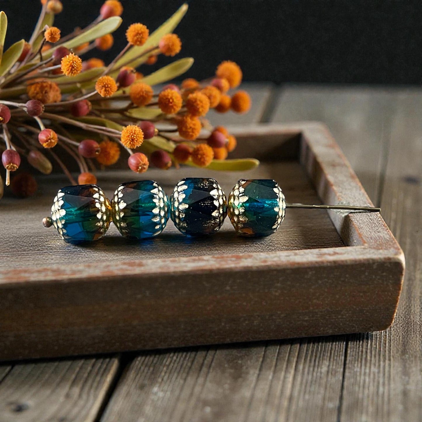 Czech Beads - 10mm Cathedral Faceted Glass, Pacific Blue, Topaz and Green with Gold Wash (CT10/N-043) * Qty. 12