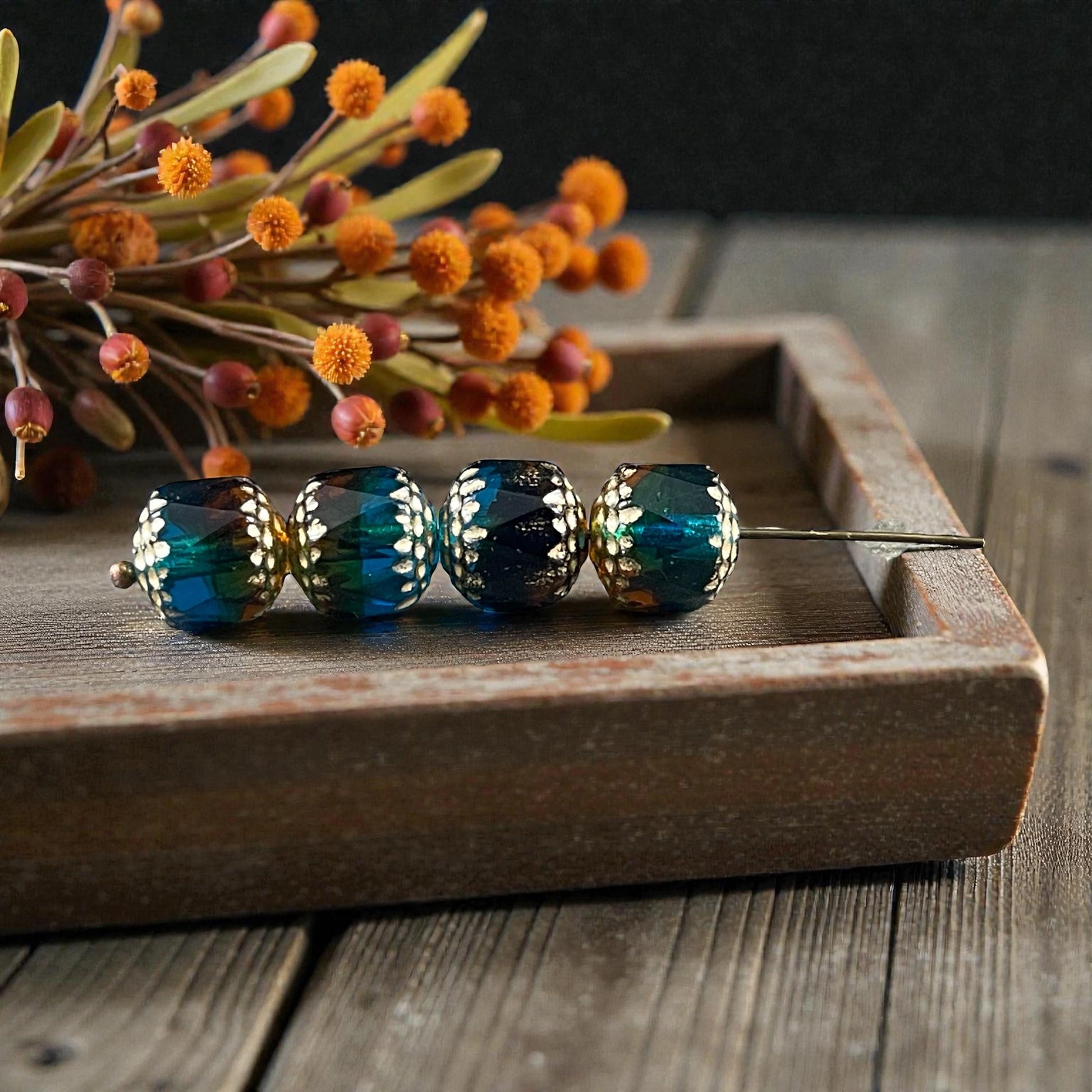 Czech Beads - 10mm Cathedral Faceted Glass, Pacific Blue, Topaz and Green with Gold Wash (CT10/N-043) * Qty. 12