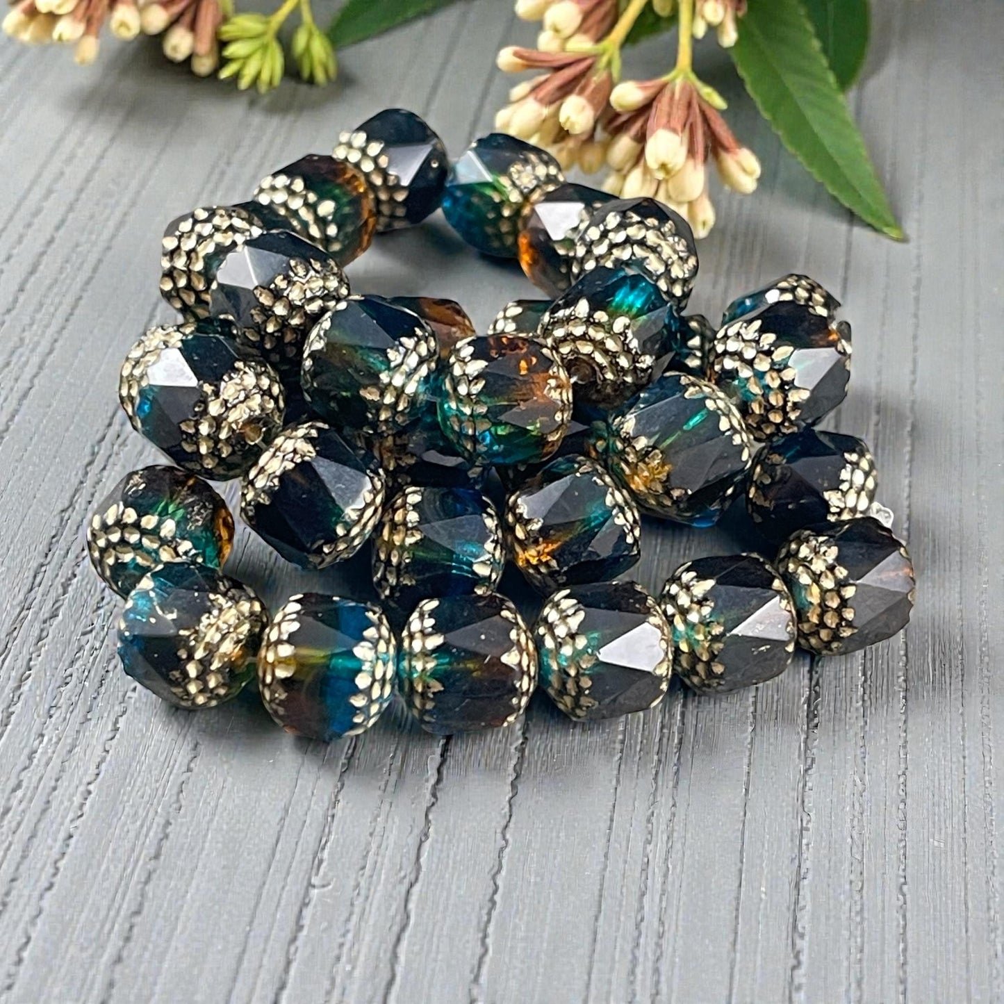 Czech Beads - 10mm Cathedral Faceted Glass, Pacific Blue, Topaz and Green with Gold Wash (CT10/N-043) * Qty. 12