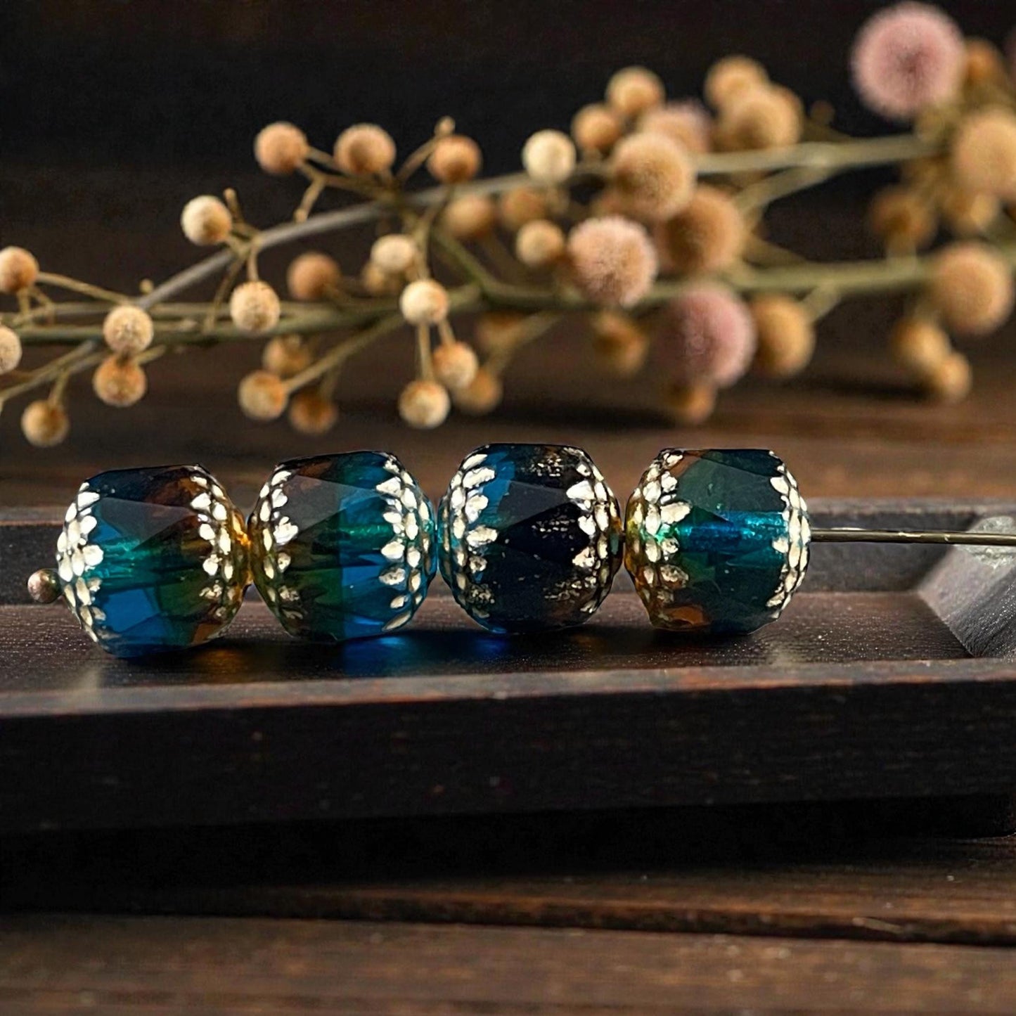 Czech Beads - 10mm Cathedral Faceted Glass, Pacific Blue, Topaz and Green with Gold Wash (CT10/N-043) * Qty. 12