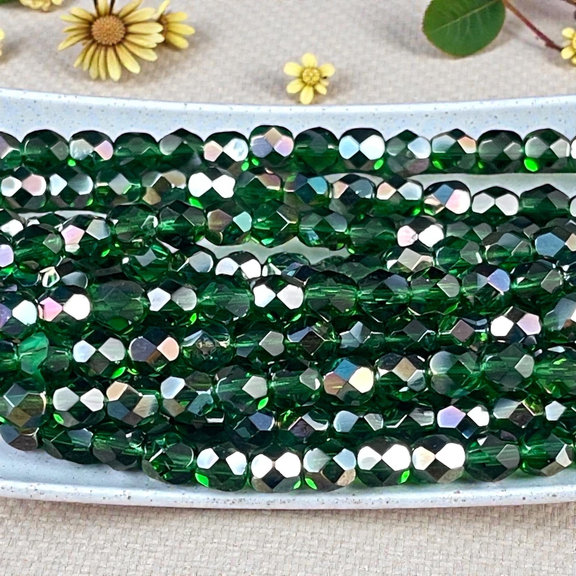 Czech Beads - 6mm Faceted Round, Emerald Green with Celsian Finish (FP6/SM-Z5014) * Qty. 25