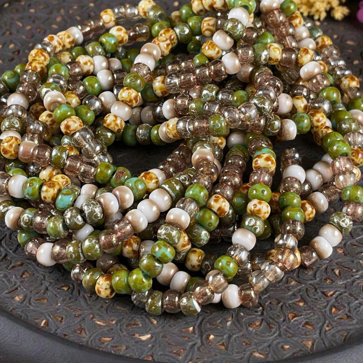 Aged Picasso Seed Beads - 2/0 Czech Glass Seed, Rustic Earthtone Bead Mix (2/0-Shallows) * 20" Strand