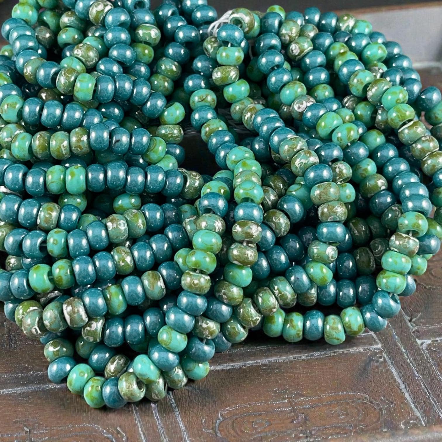 Aged Picasso Seed Beads - 2/0 Turquoise Blue and Turquoise Green Picasso Mix (TurqPicasso) * 9" Strand