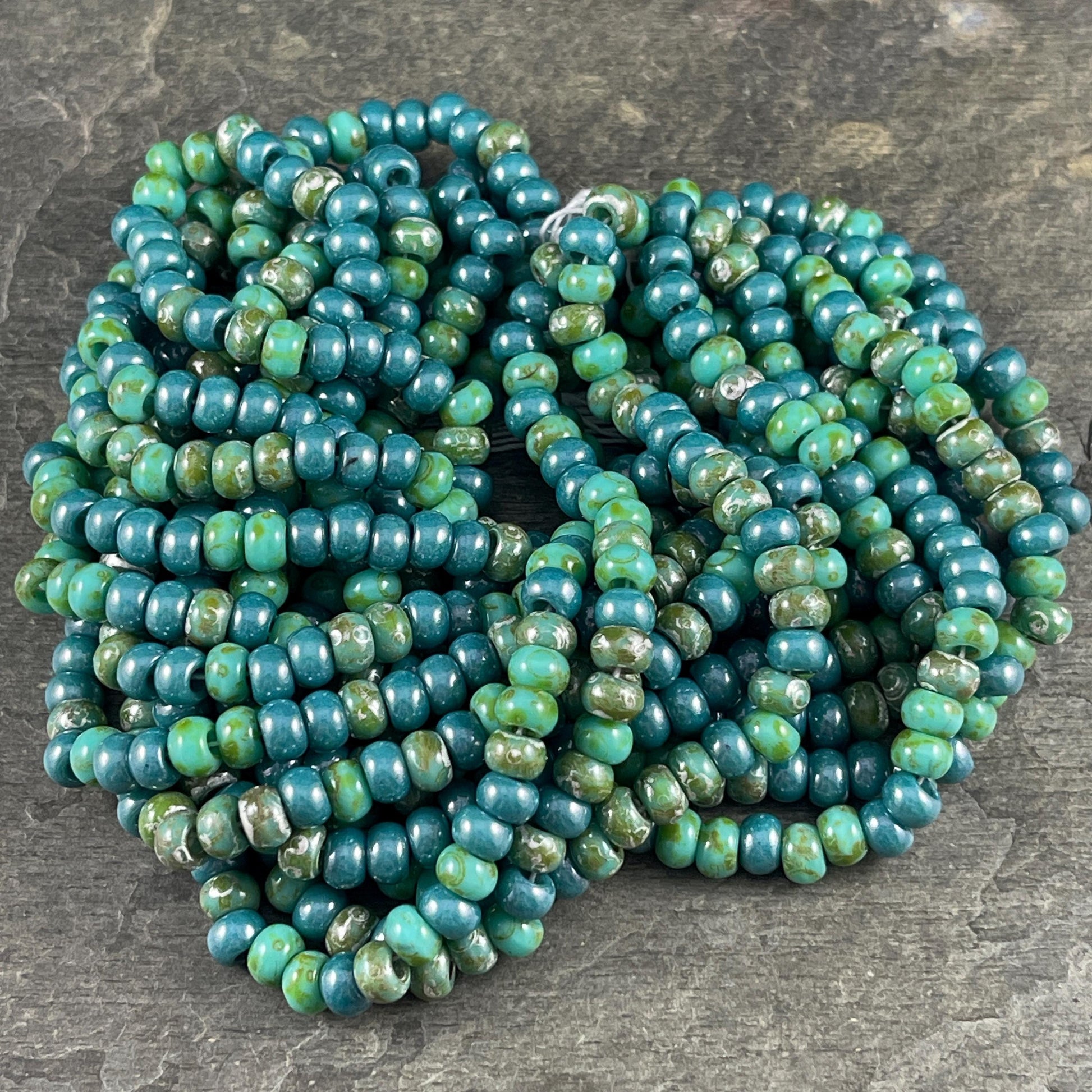 Aged Picasso Seed Beads - 2/0 Turquoise Blue and Turquoise Green Picasso Mix (TurqPicasso) * 9" Strand