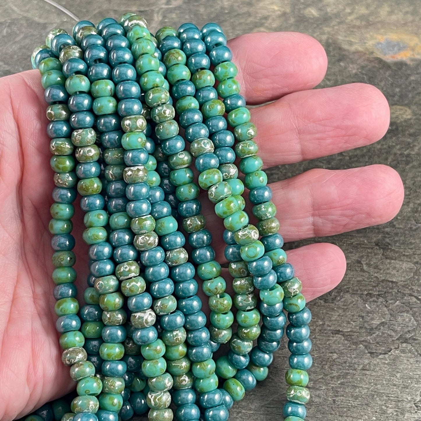 Aged Picasso Seed Beads - 2/0 Turquoise Blue and Turquoise Green Picasso Mix (TurqPicasso) * 9" Strand