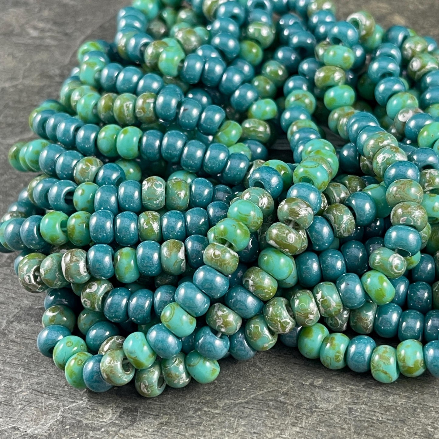 Aged Picasso Seed Beads - 2/0 Turquoise Blue and Turquoise Green Picasso Mix (TurqPicasso) * 9" Strand