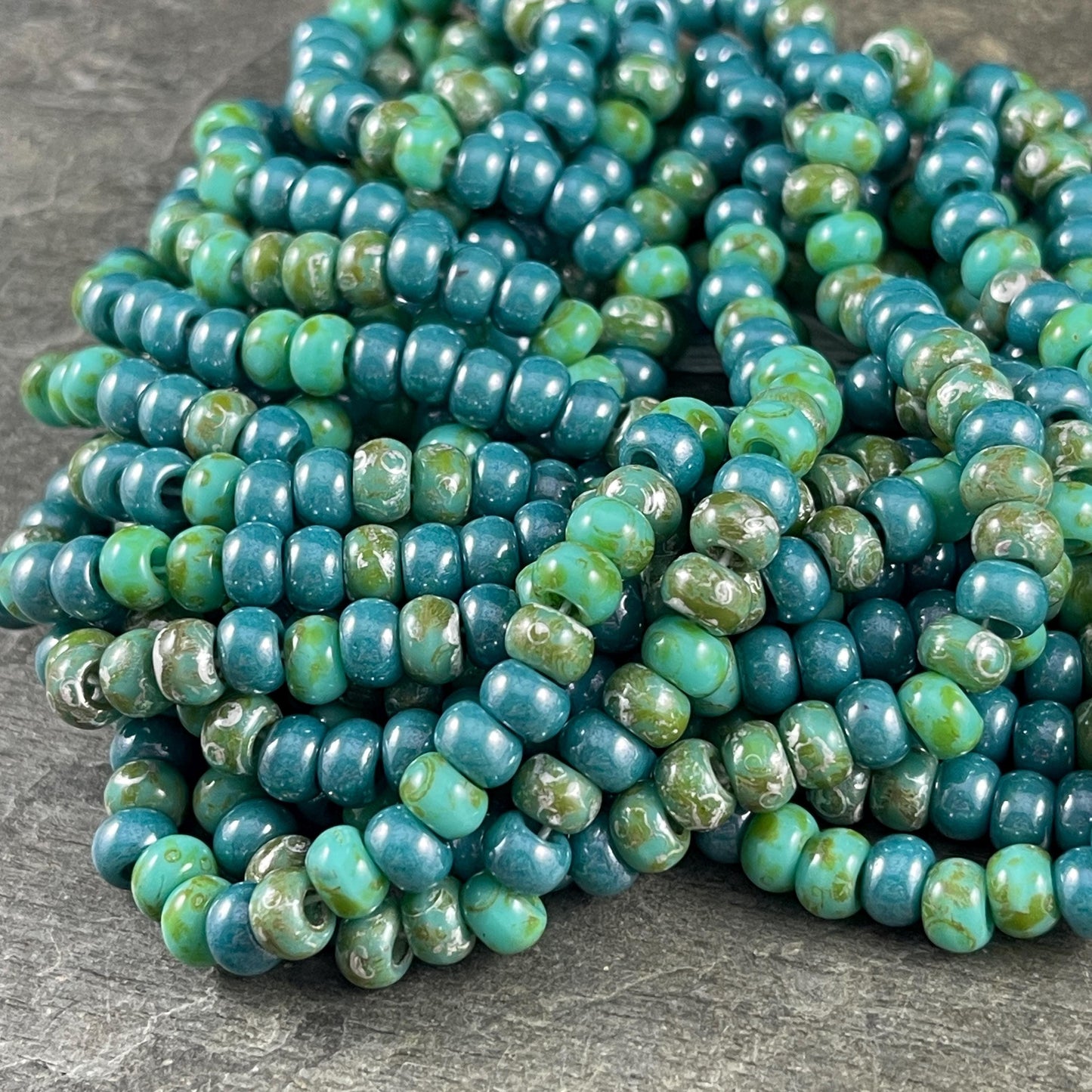 Aged Picasso Seed Beads - 2/0 Turquoise Blue and Turquoise Green Picasso Mix (TurqPicasso) * 9" Strand