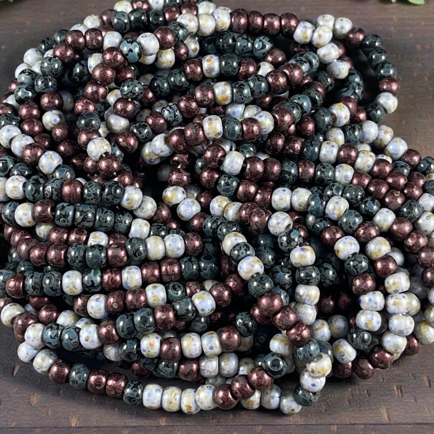 Aged Picasso Seed Beads - 4/0 Black, Wine and Slate Picasso Mix, Czech Glass (4/0-Noire) * 19" strand