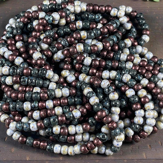Aged Picasso Seed Beads - 4/0 Black, Wine and Slate Picasso Mix, Czech Glass (4/0-Noire) * 19" strand