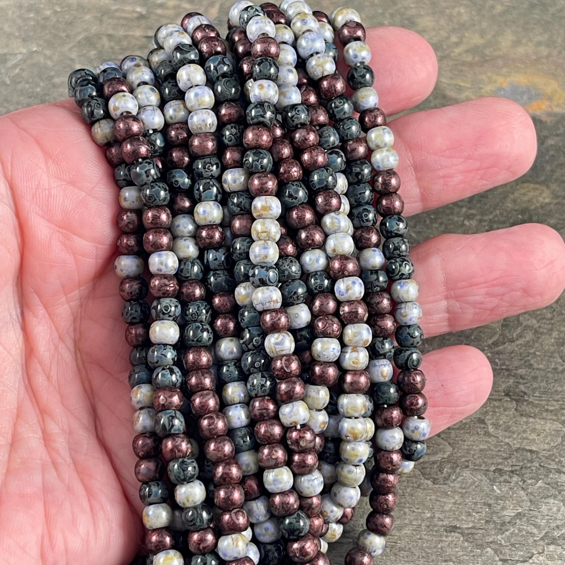 Aged Picasso Seed Beads - 4/0 Black, Wine and Slate Picasso Mix, Czech Glass (4/0-Noire) * 19" strand