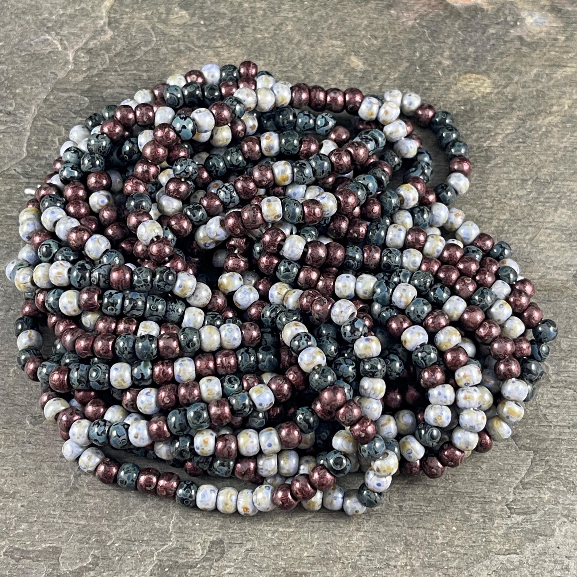 Aged Picasso Seed Beads - 4/0 Black, Wine and Slate Picasso Mix, Czech Glass (4/0-Noire) * 19" strand