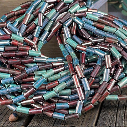 Aged Picasso Seed Beads - 9x4mm Bugle Bead, Tri-Color Picasso Mix (9/4-Miracle) - 20" Strand ~ 55 Beads