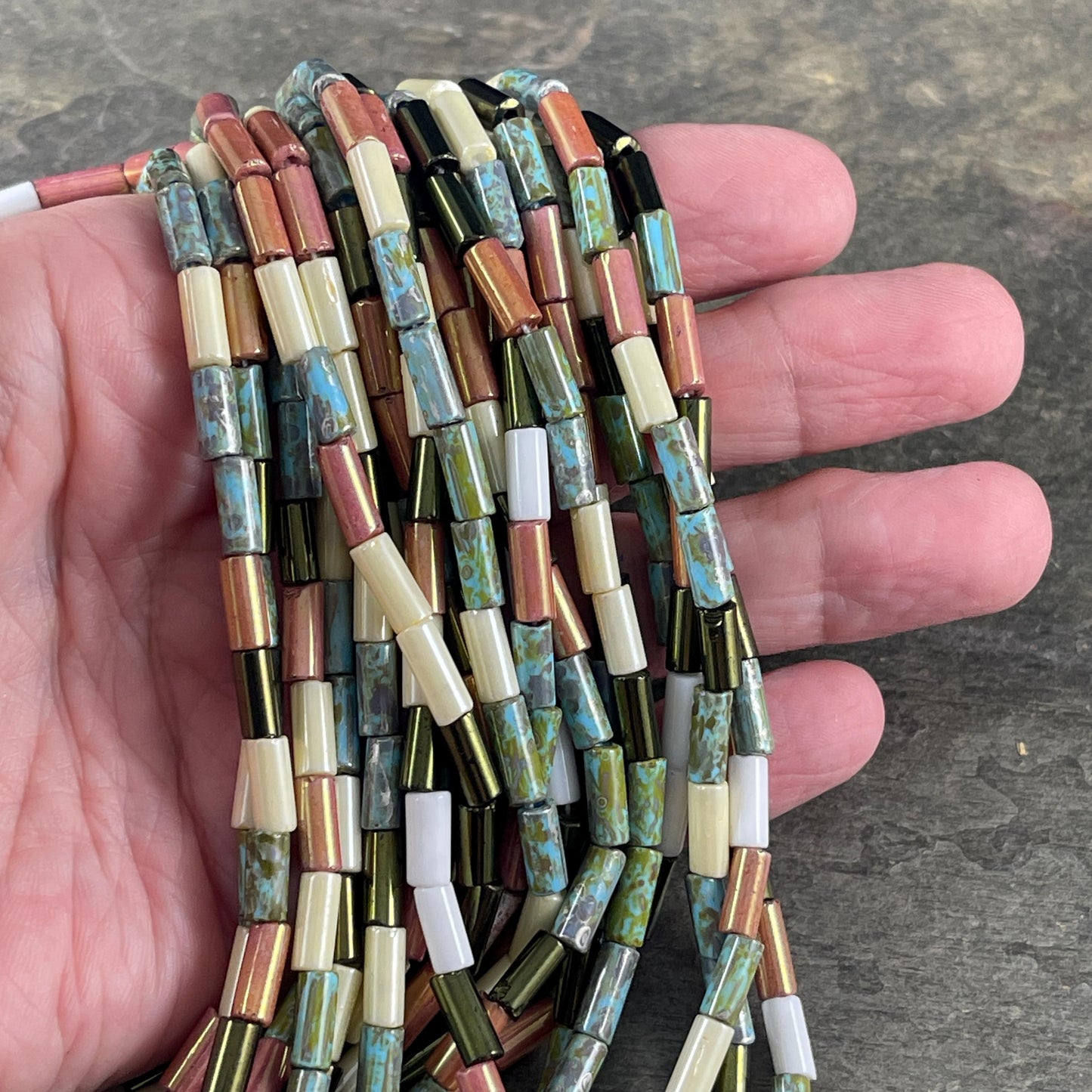 Aged Picasso Seed Beads - 9x4mm Bugle Bead, Multi-Color Czech Glass Mix (9/4-Cocoa) - 20" Strand ~ 55 Beads