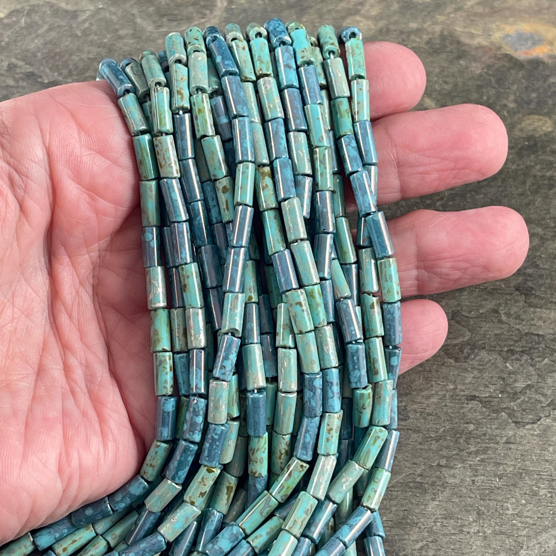 Aged Picasso Seed Beads - 9x4mm Bugle Bead, Blue Czech Glass Mix (9/4-TurqDenim) - 20" Strand ~ 55 Beads