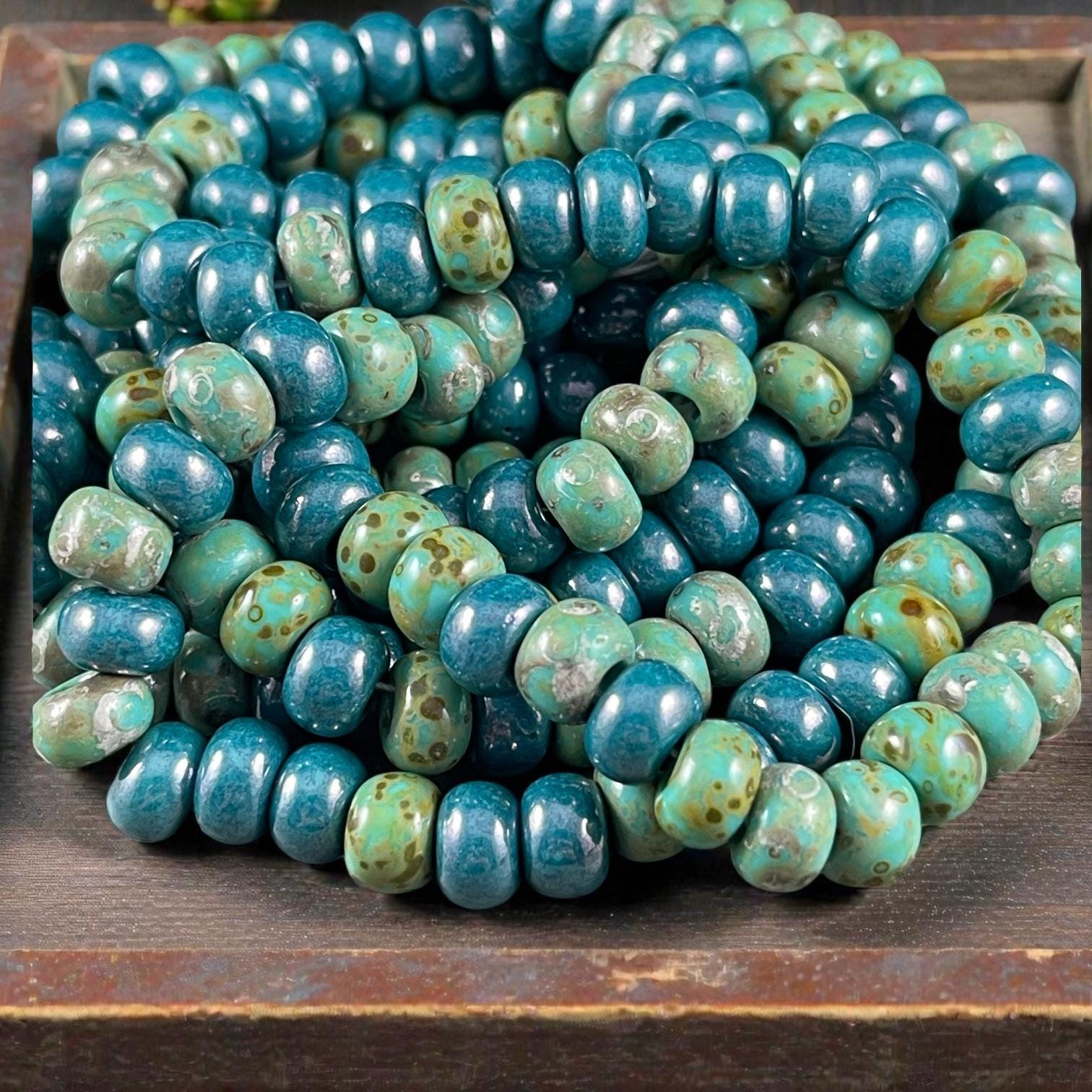 Aged Picasso Seed Beads - 33/0 Large Hole 8mm Czech Glass, Turquoise and Teal (33/0-TealTurq) * 40 Beads