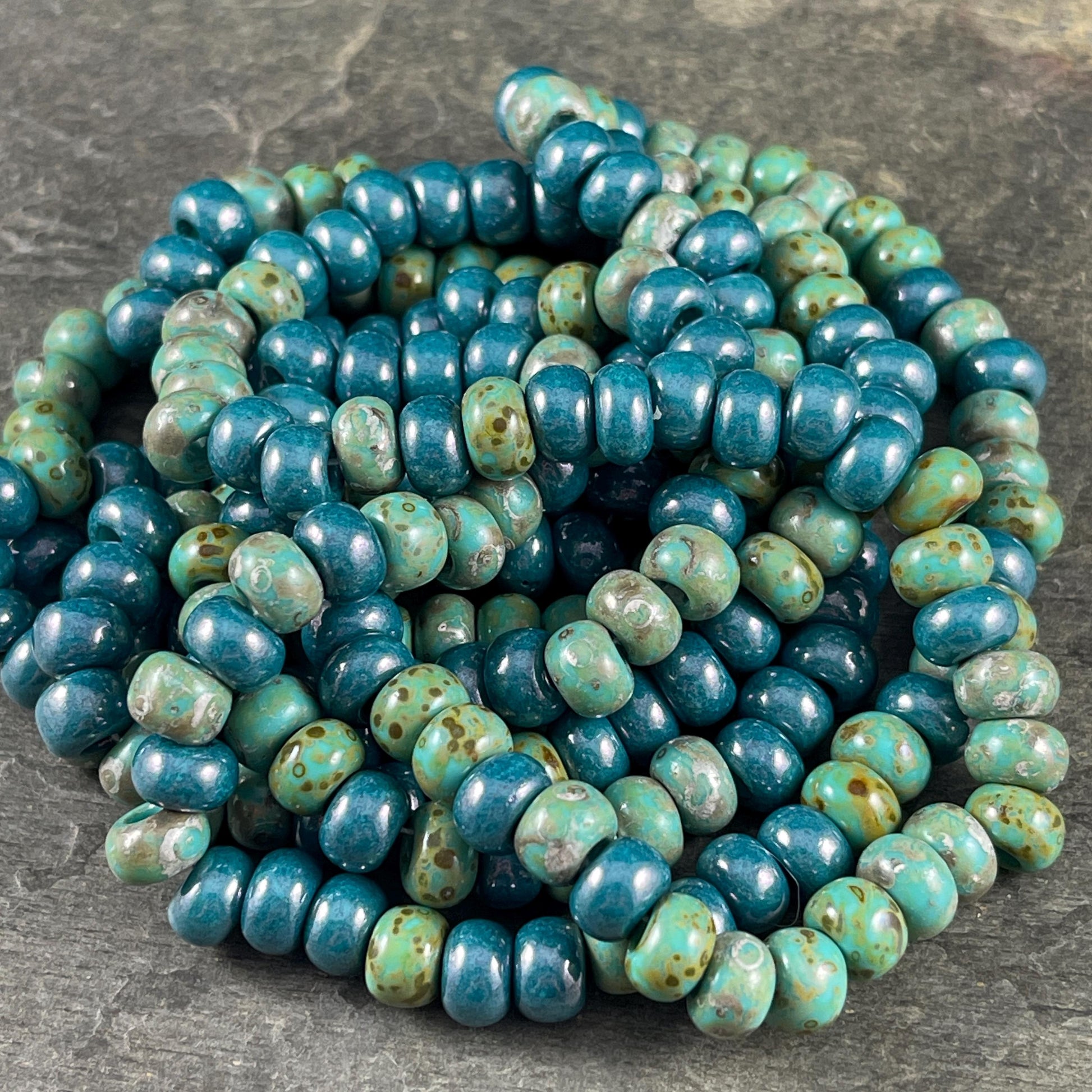 Aged Picasso Seed Beads - 33/0 Large Hole 8mm Czech Glass, Turquoise and Teal (33/0-TealTurq) * 40 Beads