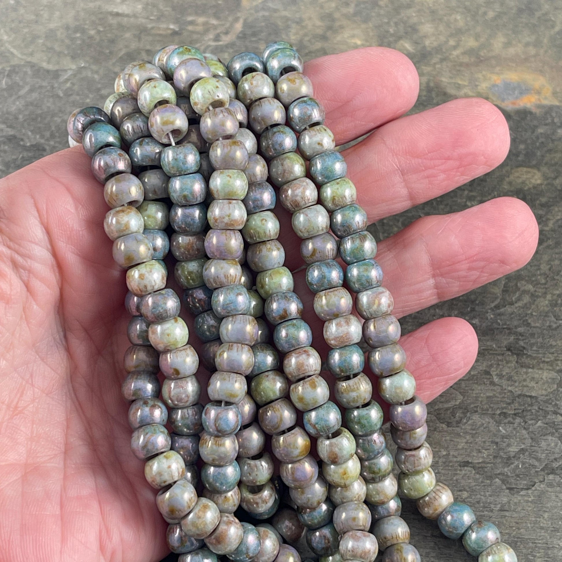 Aged Picasso Seed Beads - 32/0 Large Hole 7.5mm Czech Glass, Alabaster Picasso Mix (33/0-TealTurq) * 40 Beads