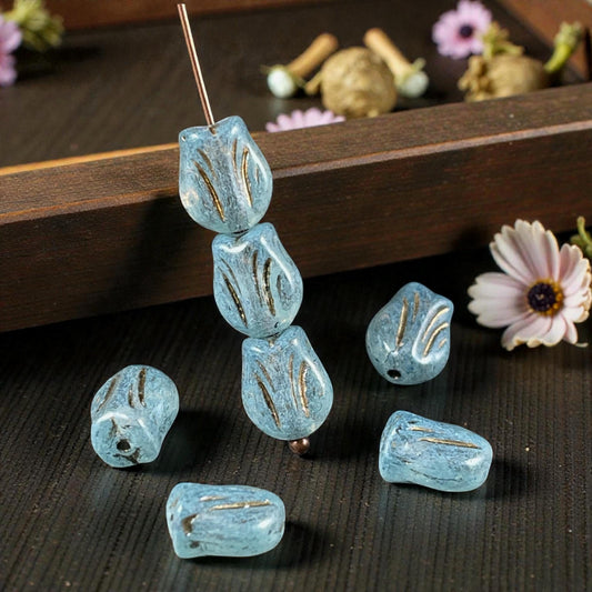 Czech Glass Beads - 9x7mm Mini Tulip Flower, Dusty Blue (MTul-9) * 16 Beads