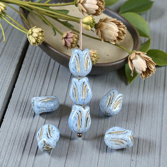 Czech Glass Beads - 9x7mm Mini Tulip Flower, Opaque Powder Blue (MTul-4) * 16 Beads