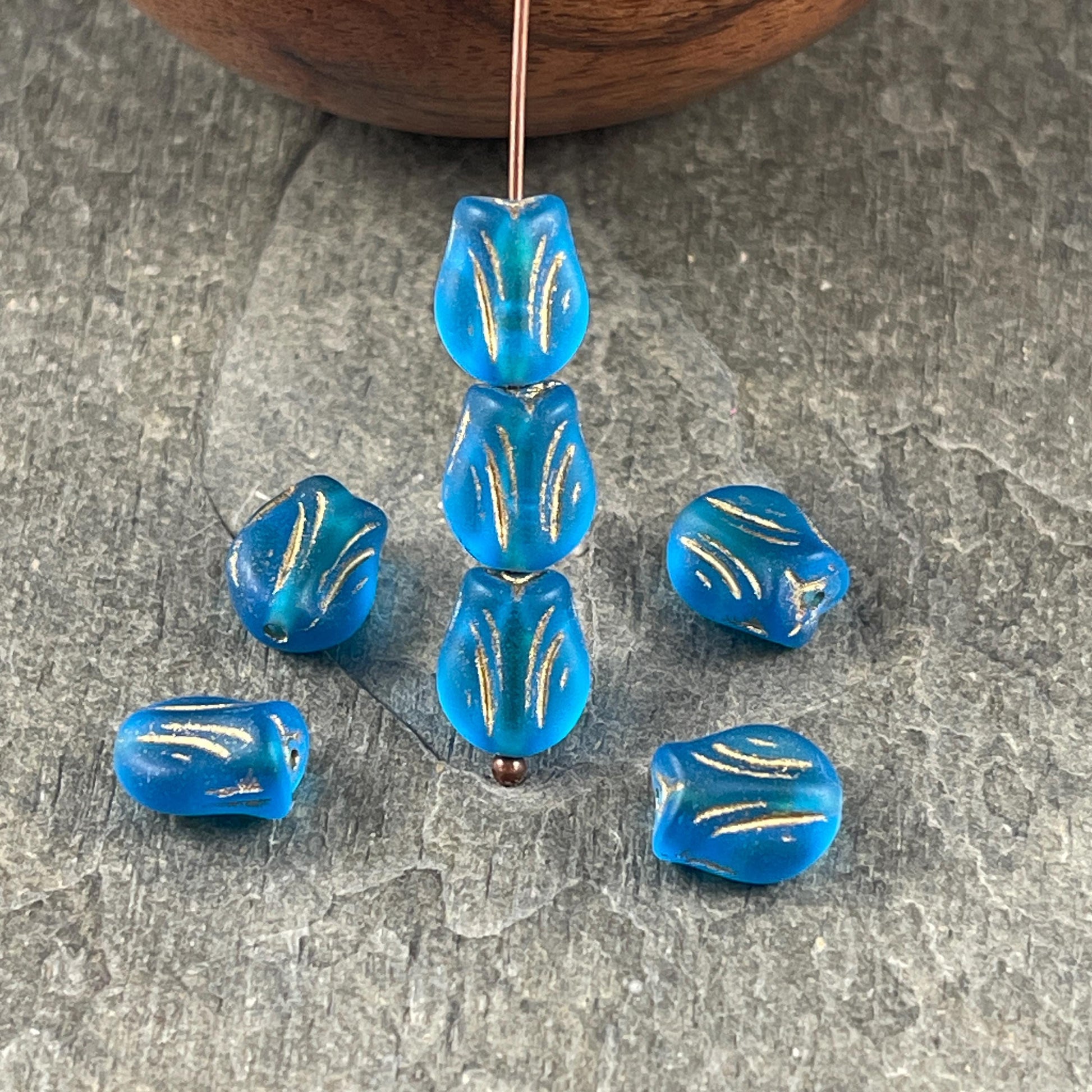 Czech Glass Beads - 9x7mm Mini Tulip Flower, Matte Capri Blue (MTul-8) * 16 Beads