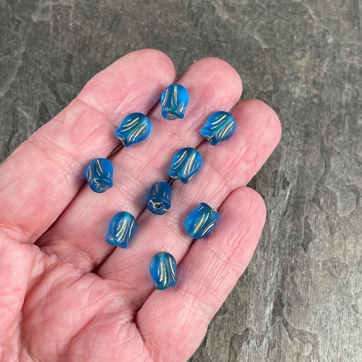 Czech Glass Beads - 9x7mm Mini Tulip Flower, Matte Capri Blue (MTul-8) * 16 Beads