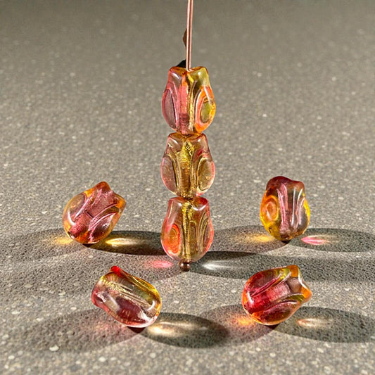 Czech Glass Beads - 9x7mm Mini Tulip Flower, Fuchsia and Yellow (MTul-3) * 16 Beads