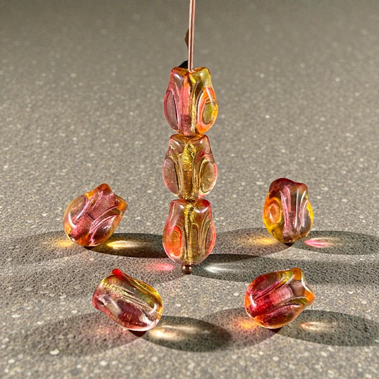 Czech Glass Beads - 9x7mm Mini Tulip Flower, Fuchsia and Yellow (MTul-3) * 16 Beads